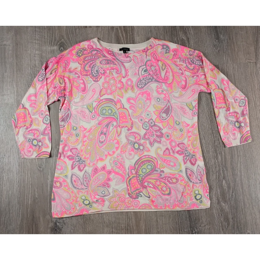 Talbots Neon Pink Paisley Crewneck Sweater soft/ lightweight size Medium